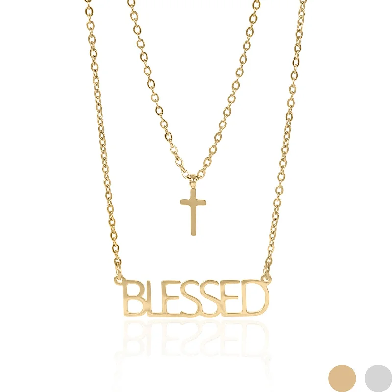 Personalized Charm Necklaces For Gifts-Stainless Steel PVD Coated "Blessed" Layered Cross Charm Necklace / SBB0323