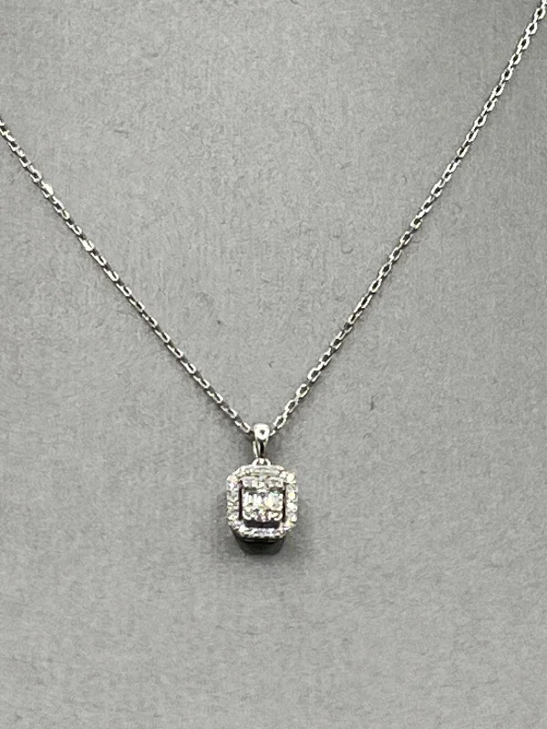 Diamond Pendant Necklaces For Special Occasions-Ladies 18 Karat White Gold Emerald & Round Diamond Halo Pendant & Chain