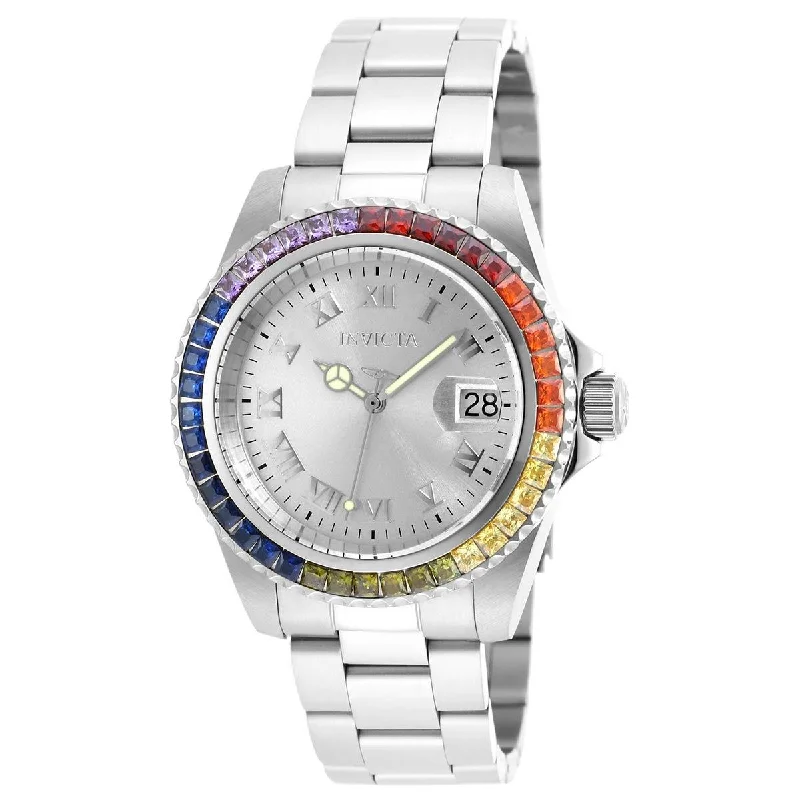 Watches With Crystals-Invicta 20021 Women's Angel Crystal Accented Bezel Silver Dial Steel Bracelet Dive Watch