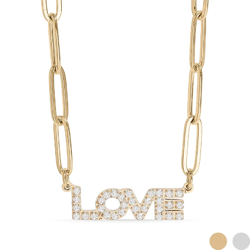 Unique Bar Pendant Necklaces For Modern Fashion-18K Gold PVD Stainless Steel Stone "Love" Paperclip Chain Necklace / CHN9974