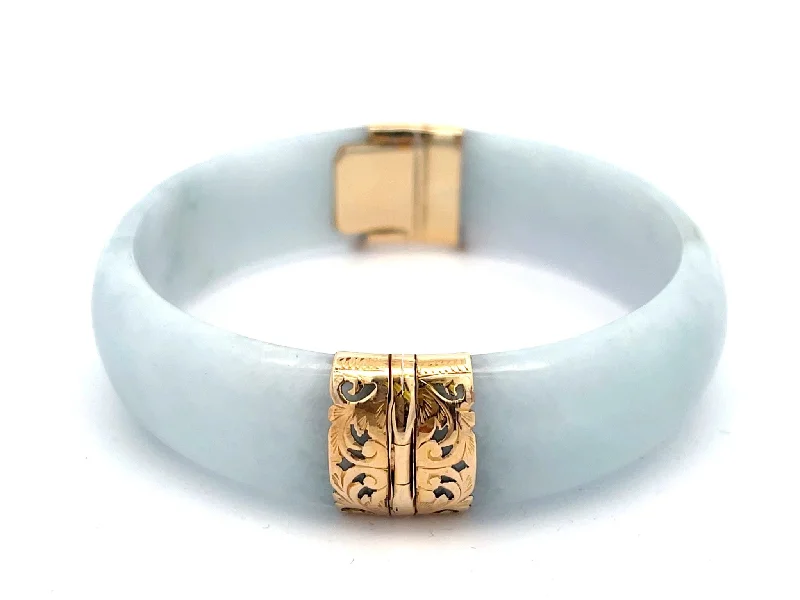 Bangles For Party Accessories-Mings Hawaii Wide Pale Green Jade Hinged Bangle in 14K Yellow Gold