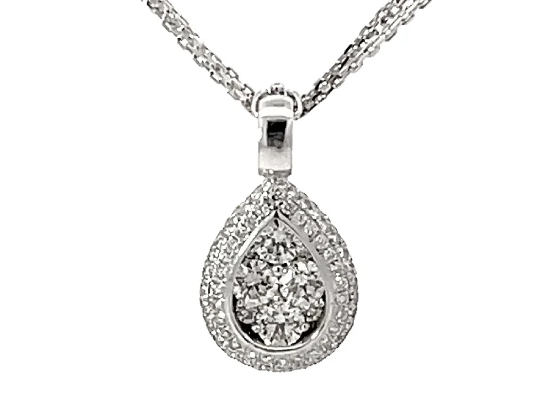 Statement Necklace For Weddings-Pear Shaped Diamond Cluster Halo Pendant Triple Chain Necklace Solid White Gold