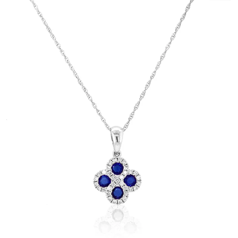 Trendy Moonstone Necklaces For Elegant Looks-WHITE GOLD PENDANT WITH ROUND CUT SAPPHIRES AND DIAMONDS, .13 CT TW