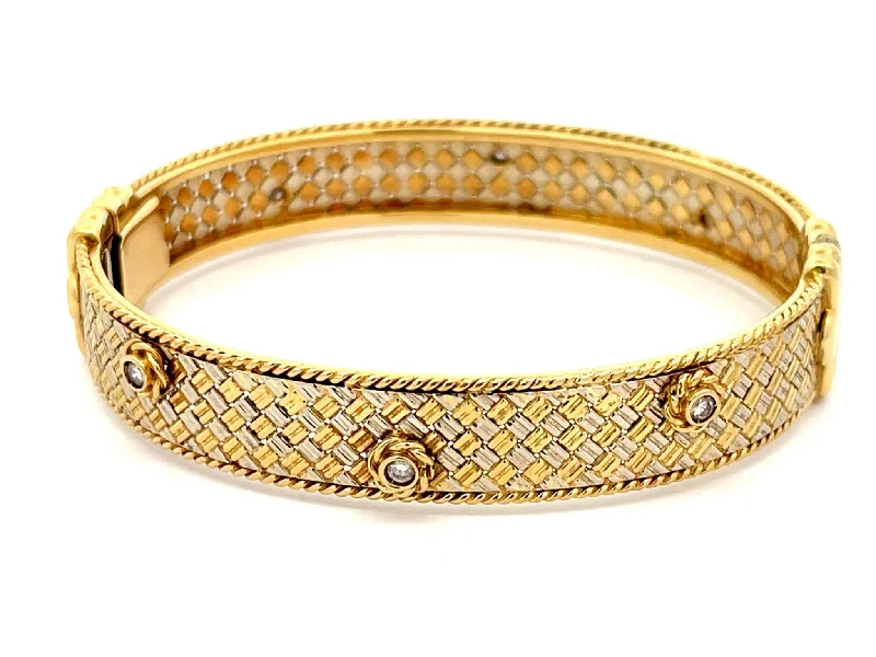 Bangles For Holiday Parties-Two Toned 18k Gold Hinged Flower Diamond Bangle