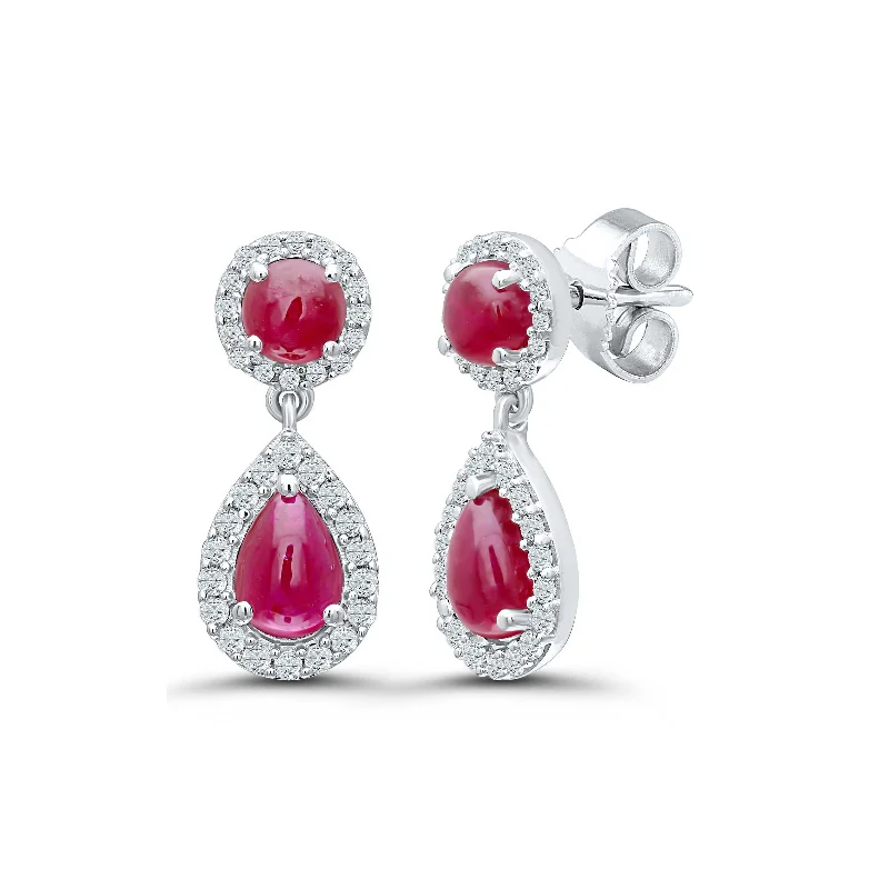 Sparkling Crystal Earrings For New Year-Round and Pear Shape Ruby Dangle Earrings, 14K White Gold