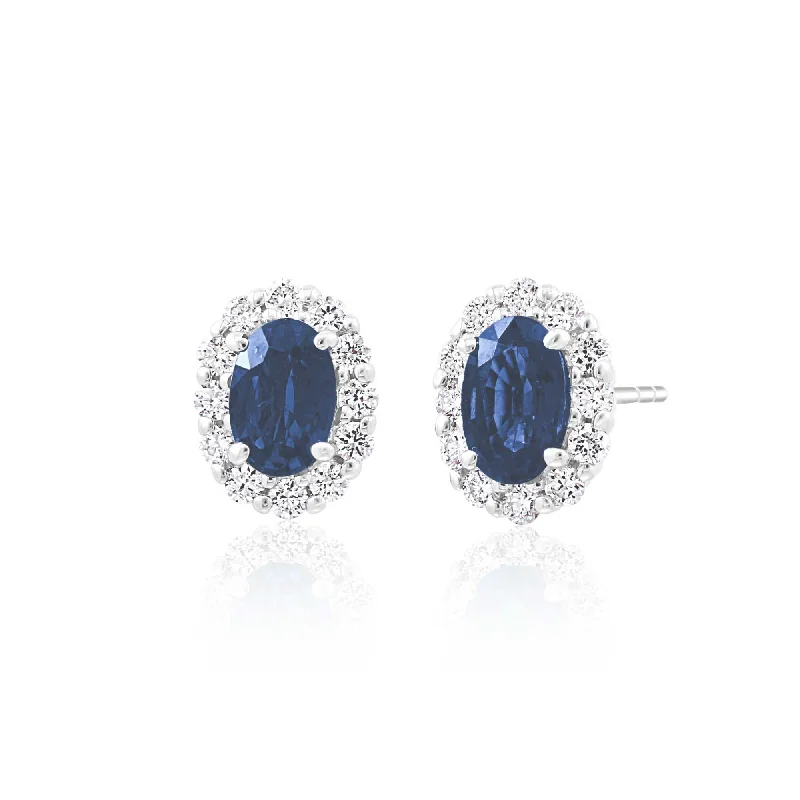 Silver Dangle Earrings For Evening Wear-Oval Sapphire and Diamond Earrings, 14K White Gold