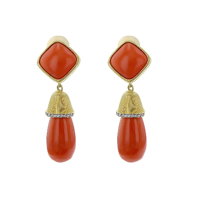 Elegant Drop Earrings For Bridal Jewelry-Coral and Diamond Briolette Drop Earrings