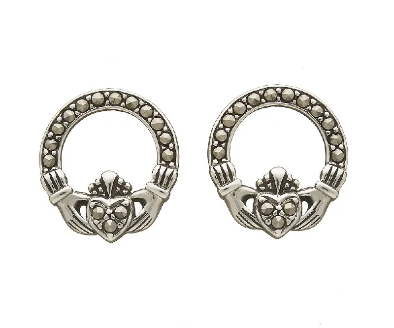 Artistic Earrings For Fashion Statement-Sterling Silver Marcasite Claddagh Earrings - ANU2062