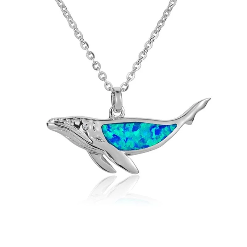 Long Beaded Necklaces For Boho Vibes-Sterling Silver Whale Necklace with Opal Inlay