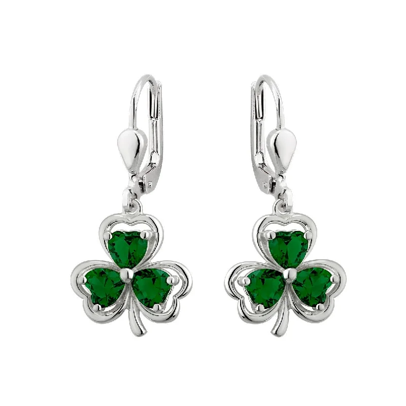 Crystal Drop Earrings For Elegant Look-Sterling Silver Shamrock Earrings with Green CZ Stones - S33914