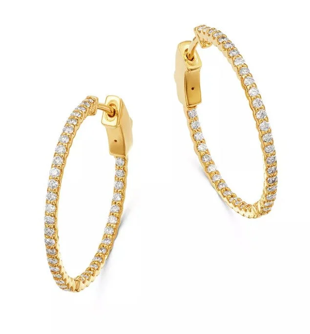 Boho Style Earrings For Free Spirits-14K Yellow Gold 3/4ct Inside-Out Diamond Hoop Earrings