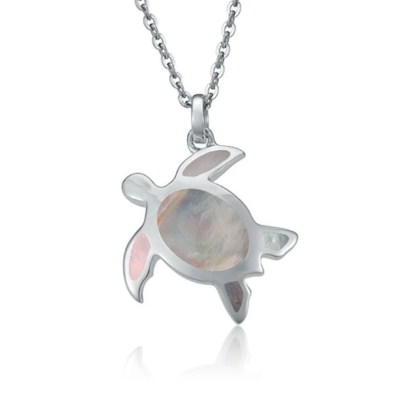 Fashionable Rope Necklaces For Casual Look-Sterling Silver Baby Turtle Necklace with White Mother of Pearl Inlay