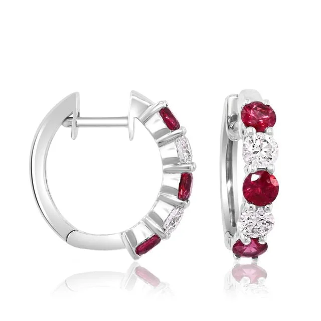 Hoop Earrings For Fashion Enthusiasts-14K White Gold Ruby and Diamond Hoop Earrings