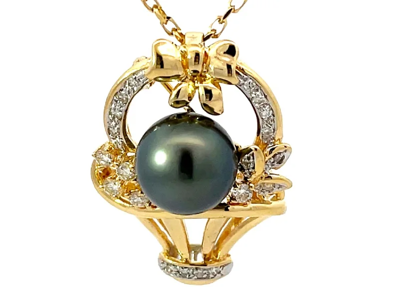 Long Gold Necklaces For Elegant Fashion-Tahitian Pearl Diamond Basket Pendant Necklace Solid 18k Yellow Gold