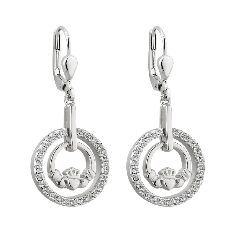 Floral Earrings For Spring Fashion-Sterling Silver Claddagh Earrings with CZ Stones - S33903