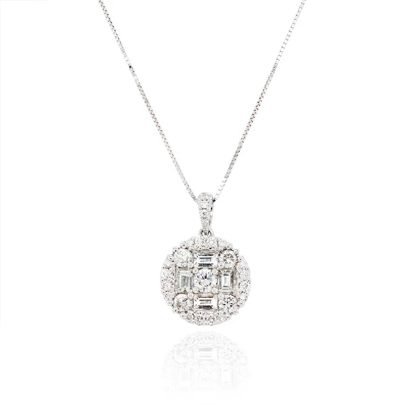 Bold Chain Necklaces For Special Events-WHITE GOLD DIAMOND CLUSTER PENDANT NECKLACE WITH BAGUETTE AND ROUND DIAMONDS, 1.18 CT TW