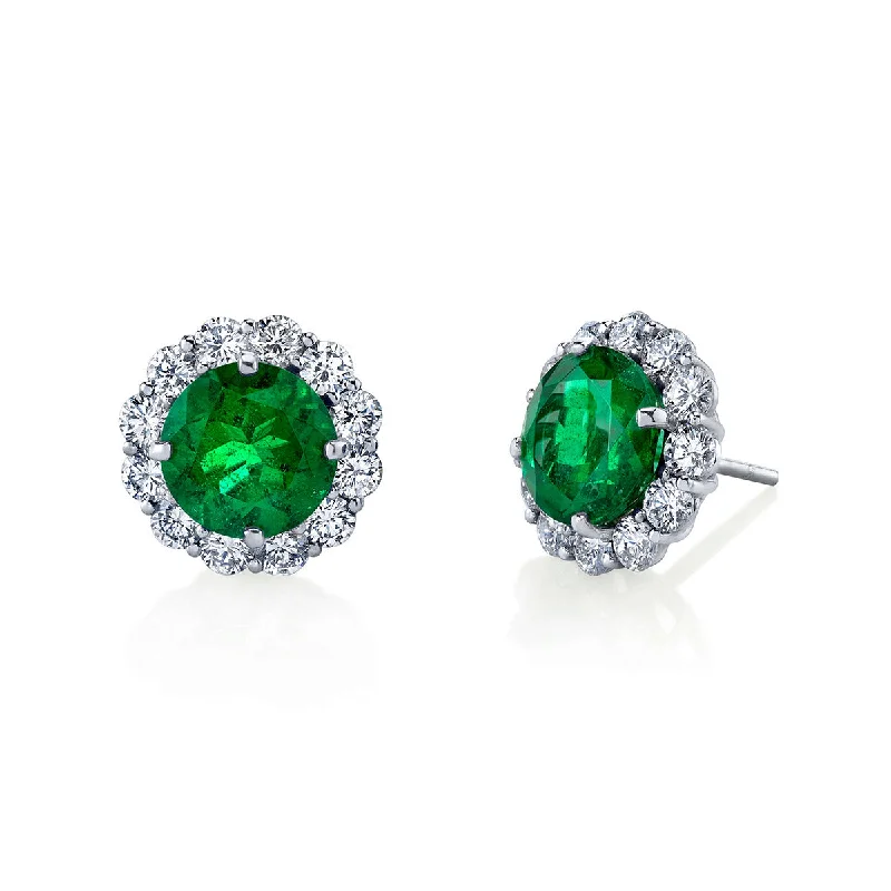 Fashion Earrings For Party Look-Emerald and Brilliant Diamond Halo Stud Earrings