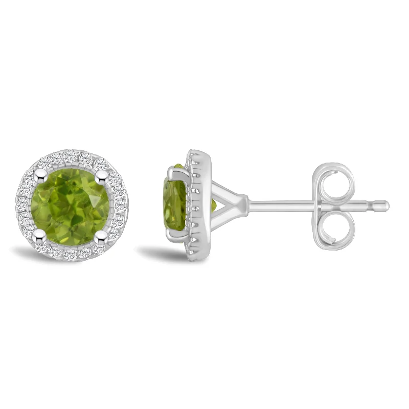 Large Crystal Drop Earrings For Fashionistas-Round Peridot and Diamond Halo August Birthstone Earrings in Sterling Silver