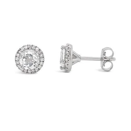 Handcrafted Wooden Earrings For Natural Style-6mm White Topaz and Diamond Halo Stud Earrings - Sterling Silver, 1/6ct Diamonds