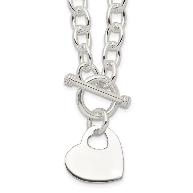 Statement Pearl Necklaces For Wedding Fashion-Sterling Silver Engraveable Heart Disc on Fancy Link Toggle Necklace