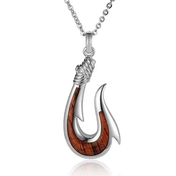 Elegant Wedding Necklaces For Bridal Glam-sterling-silver-koa-wood-large-fishing-hook-pendant-18-necklace-610684