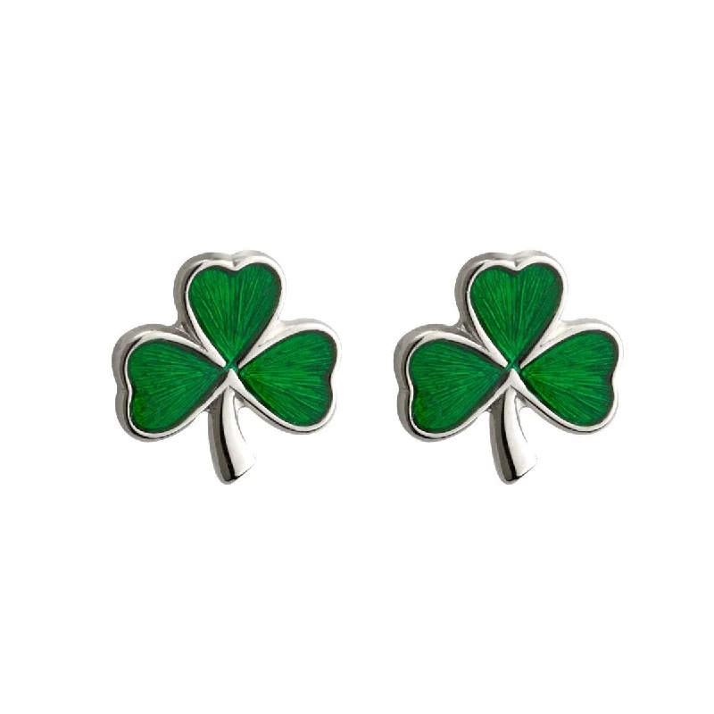 Silver Drop Earrings For Evening Style-Sterling Silver Tiny Green Enamel Shamrock Stud Earrings - S3255