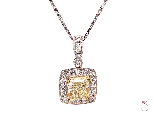 Modern Long Necklaces For Casual Style-2.47 Carat Fancy Yellow Radiant Diamond Halo Pendant