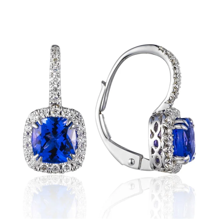 Gold Plated Earrings With Crystals-Luvente 14k White Gold  Tanzanite and Pave Diamond Halo Earring E02844