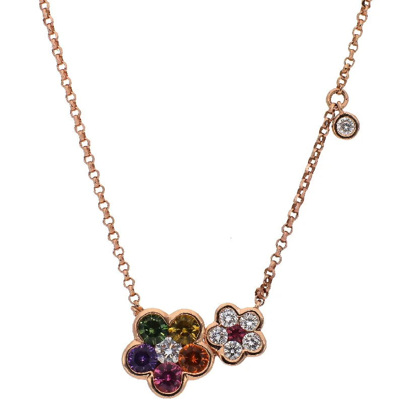 Bold Gemstone Necklaces For Special Occasions-14K Rose Gold Multi Color Sapphires and Diamonds Flower Design 18" Necklace