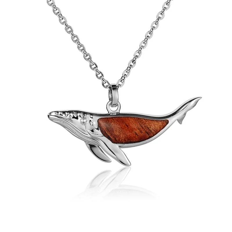 Bold Chain Necklaces For Special Events-Sterling Silver Koa Wood Humpback Whale Pendant18" Necklace