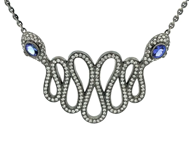 Vintage Inspired Charm Necklaces For Retro Style-Snake Necklace with Diamonds and Tanzanite in 18k Black Gold