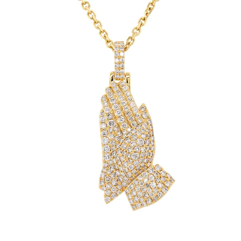 Long Chain Necklaces For Trendy Style-YELLOW GOLD PRAYING HANDS CHARM WITH DIAMONDS, 2.85 CT TW