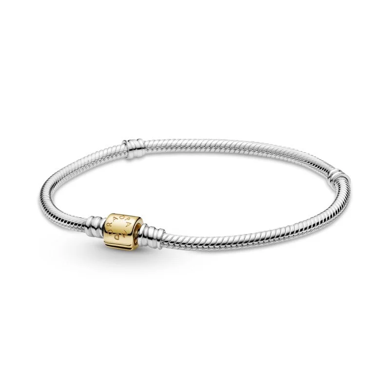 Bracelets For Special Anniversaries-Pandora Moments Two-tone Barrel Clasp Snake Chain Bracelet 599347C00