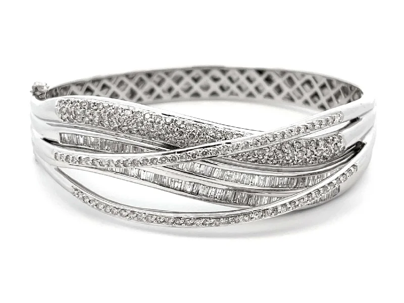 Bangles For Music Festivals-Baguette and Brilliant Cut Diamond Multi Row Hinged Bangle in 18k White Gold