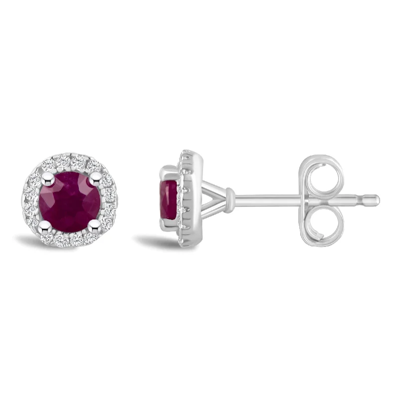 Gold Earrings For Bold Fashion Statements-Round Ruby and Diamond Halo July Birthstone Earrings in Sterling Silver