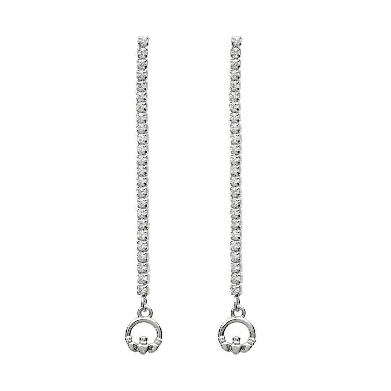 Sparkling Earrings For New Year’s Eve-Sterling Silver CZ Long Drop Claddagh Earrings SE2245