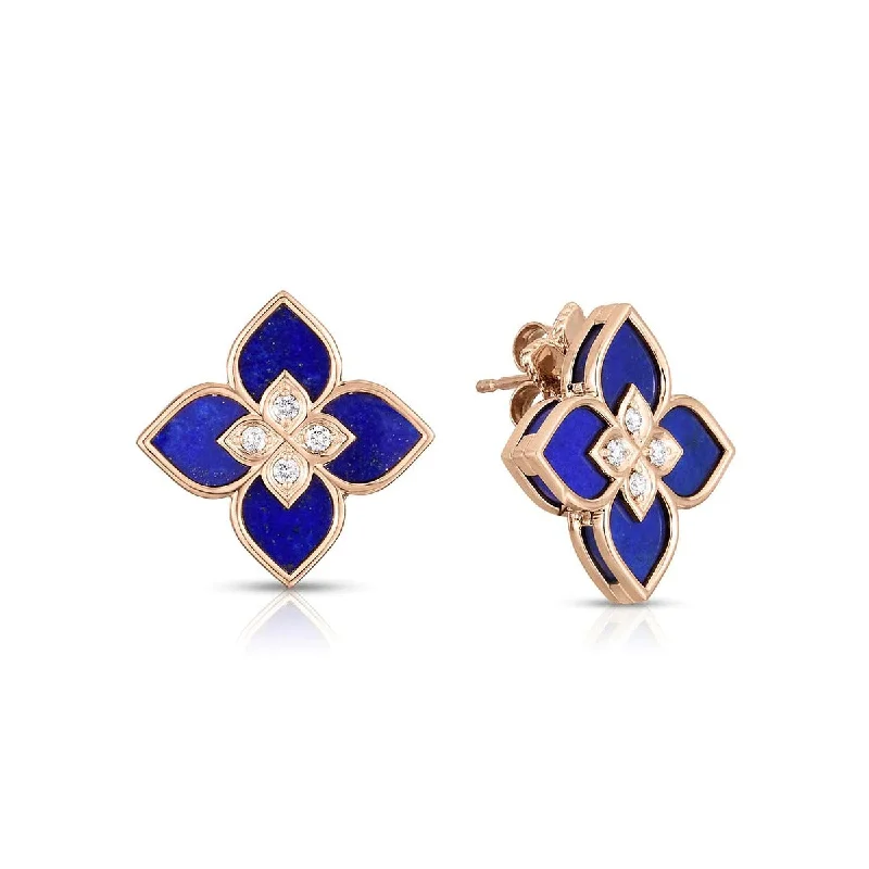 Gorgeous Earrings For Evening Parties-Large Flower Blue Lapis and Diamond Stud Earrings