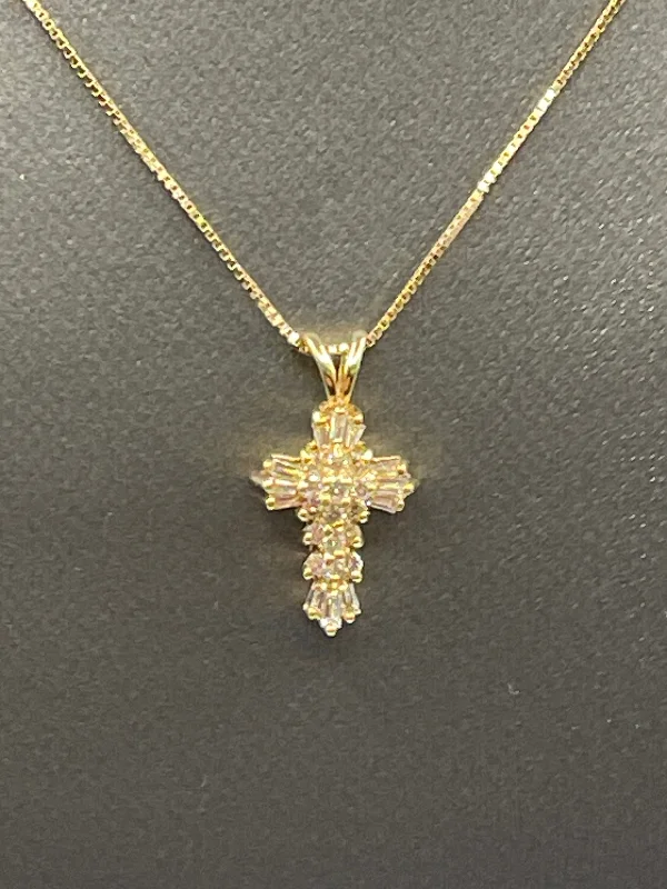 Custom Nameplate Necklaces For Unique Gifts-Ladies 14 Karat Solid Yellow Gold Diamond Cross Necklace