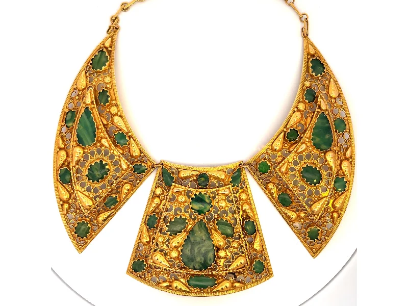 Vintage Pendant Necklaces For Retro Glam-Rare Gold Egyptian Necklace with Green Venetian Stained Glass