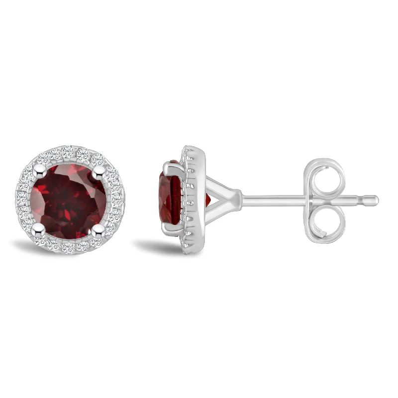 Fashionable Resin Earrings For Summer Look-Round Garnet and Diamond Halo January Birthstone Earrings in Sterling Silver