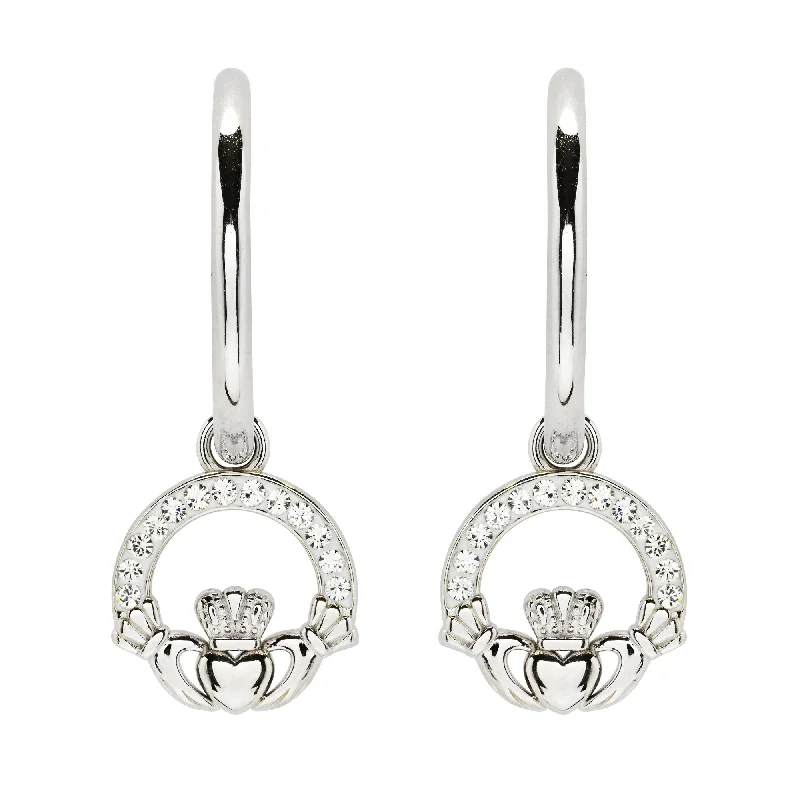 Chic Gold Earrings For Chic Fashion-Sterling Silver Claddagh Hoop Earrings Adorned By Crystals SW243