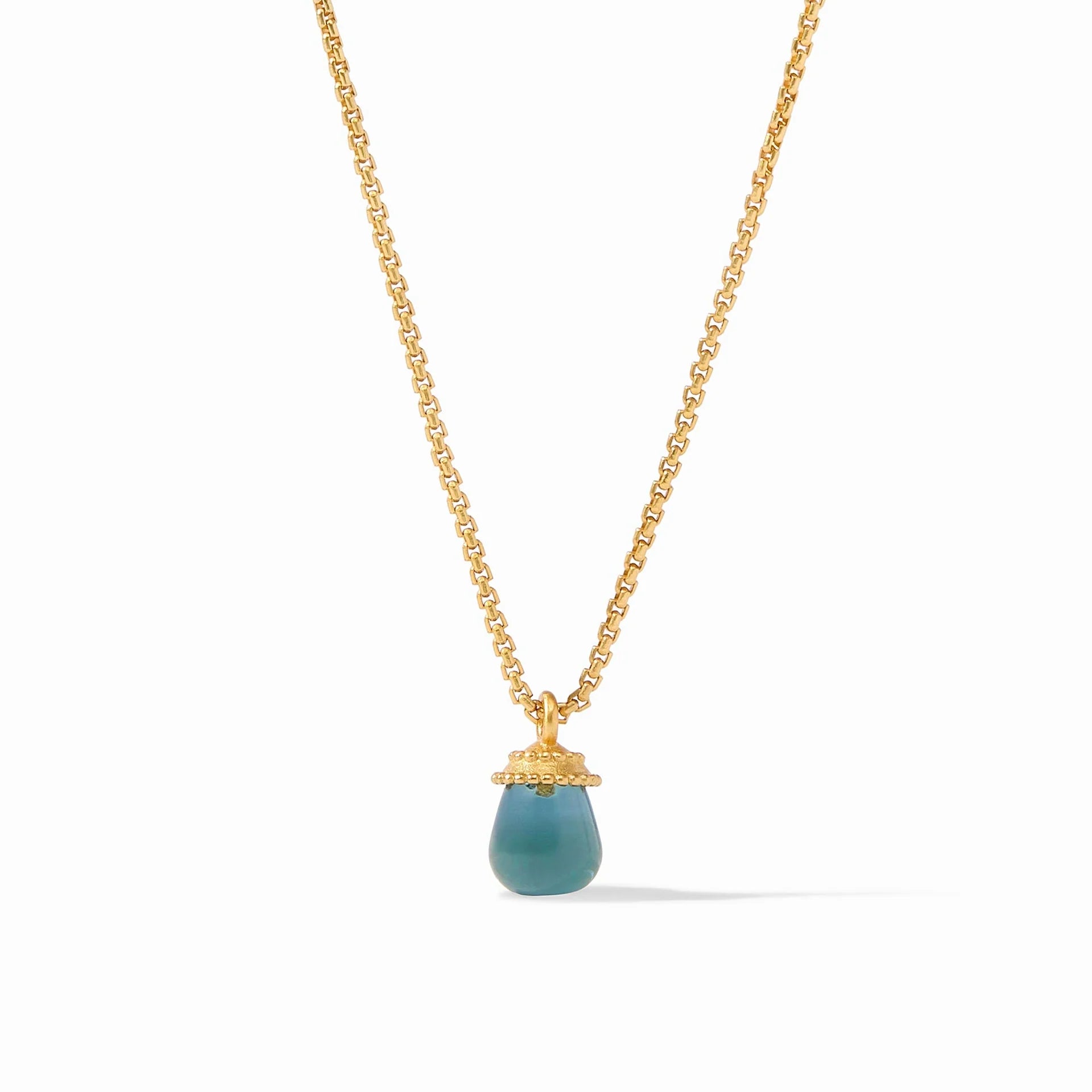 Sparkling Bar Necklaces For Evening Wear-Julie Vos Noel Solitaire 24K Gold Plated Necklace with Peacock Blue Stone