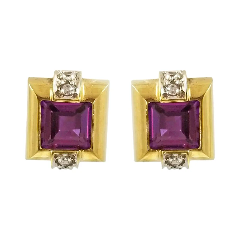 Brightly Colored Earrings For Bold Fashion-9 kt Yellow Gold Square Earrings with Amethyst and White Cubic Zircon