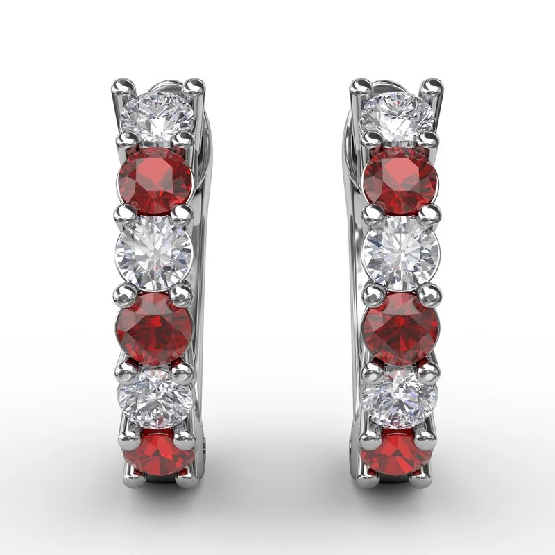 Stylish Resin Earrings For Fashionistas-FANA Shared Prong Ruby and Diamond Hoop Earrings ER1494R