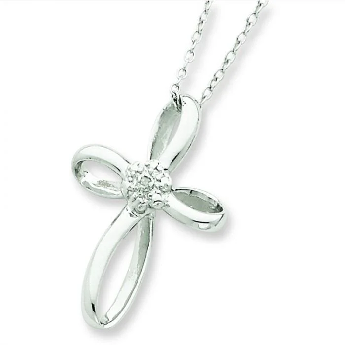 Simple Silver Necklaces For Casual Look-Sterling Silver Cross Diamond 18" Necklace