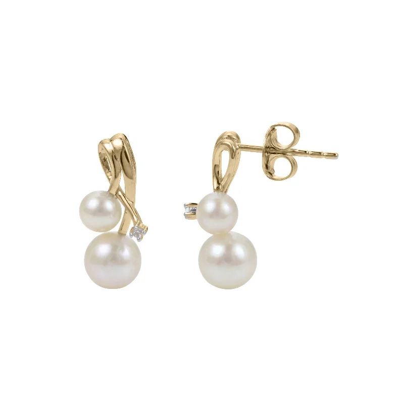 Statement Earrings For Bold Fashion Choices-Double Pearl and Diamond Drop Earrings, 14K Yellow Gold