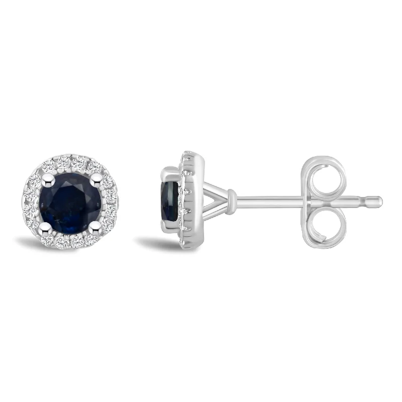 Beautiful Hoop Earrings For Every Day-Round Sapphire and Diamond Halo September Birthstone Earrings in Sterling Silver