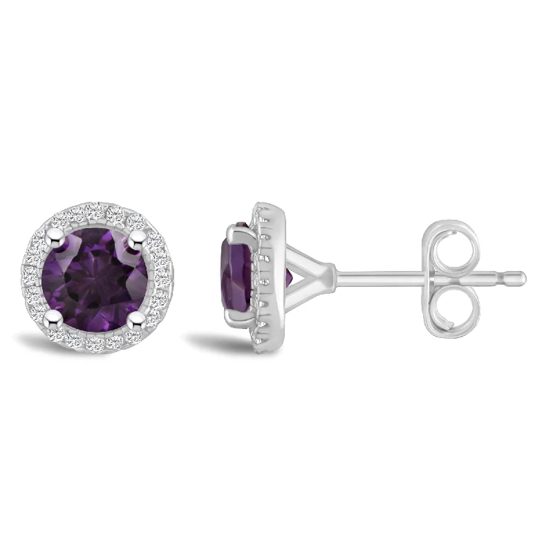 Geometric Drop Earrings For Modern Fashion-Round Amethyst and Diamond Halo February Birthstone Earrings in Sterling Silver