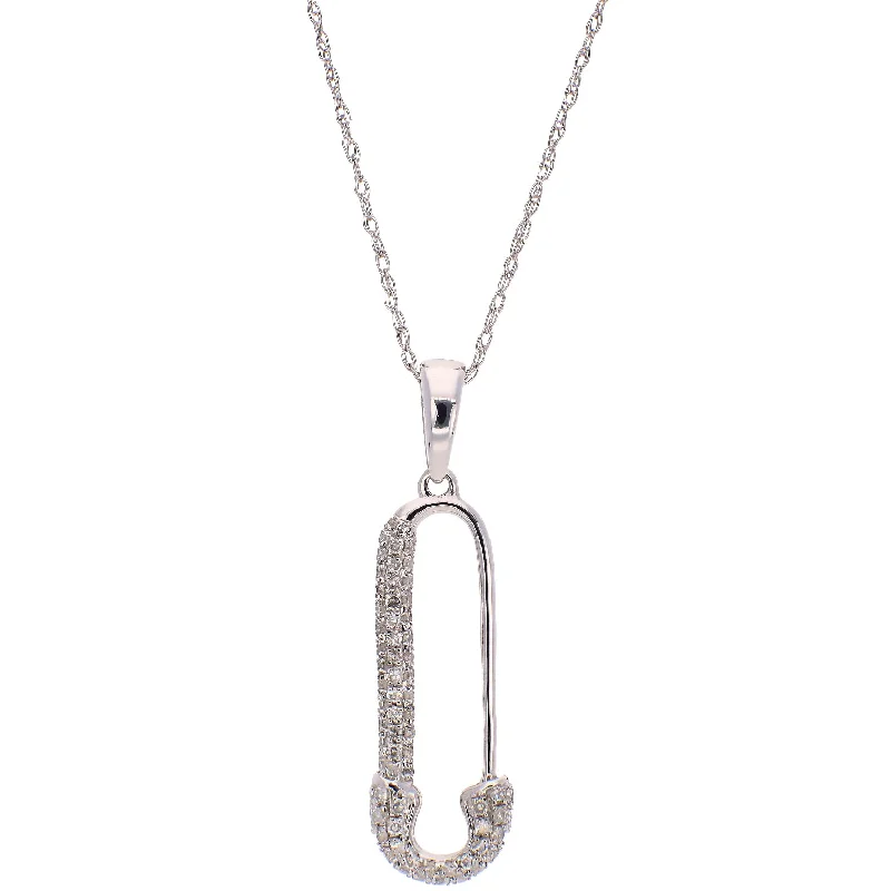 Vintage Crystal Necklaces For Glamorous Wear-14K White Gold Diamond Safety Pin Necklace