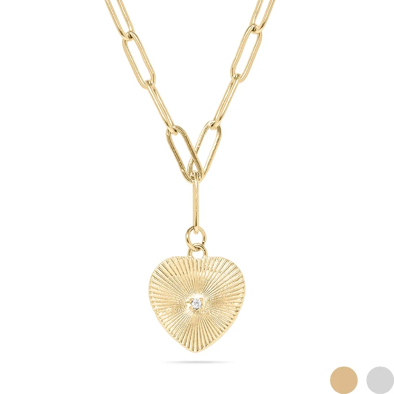 Statement Pearl Necklaces For Wedding Fashion-18K Gold PVD Stainless Steel Sunburst CZ Heart Paperclip Pendant Necklace / CHN9966